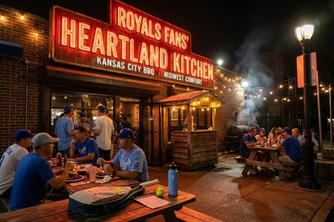 Bright New York local-life cover for Foster Griffin Royals Fans: NYC Midwest Comfort Food During Open.
