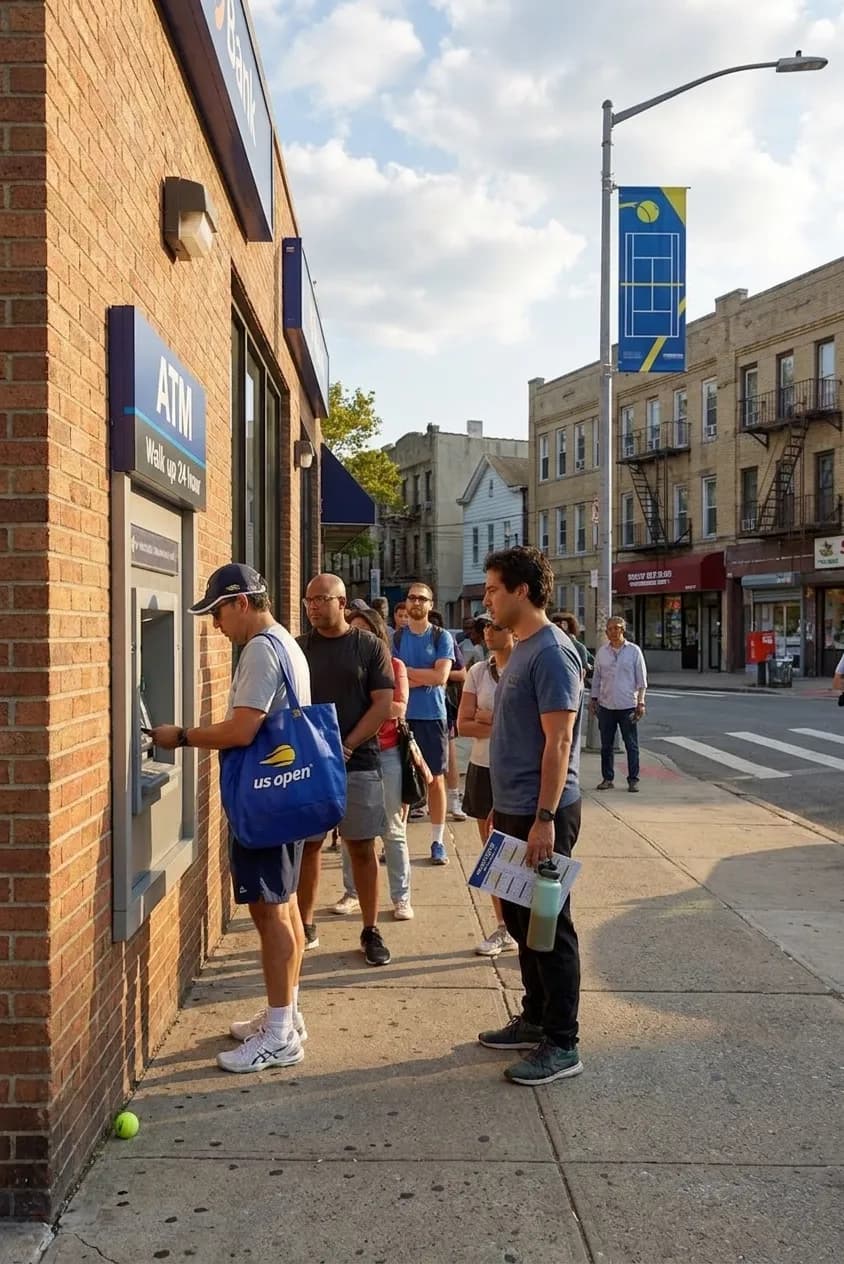 A bright Queens local-life scene connected to Bank ATM Locations: Queens 24-Hour Banking Near US Open Venue.