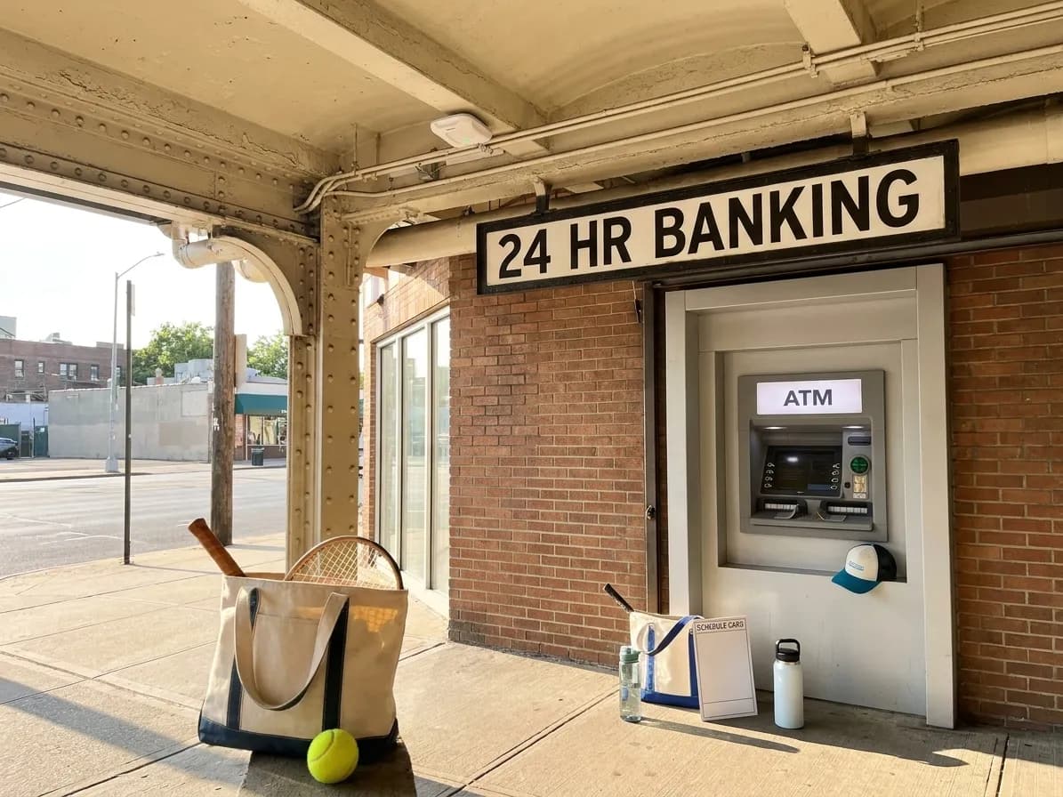 Bright New York local-life cover for Bank ATM Locations: Queens 24-Hour Banking Near US Open Venue.