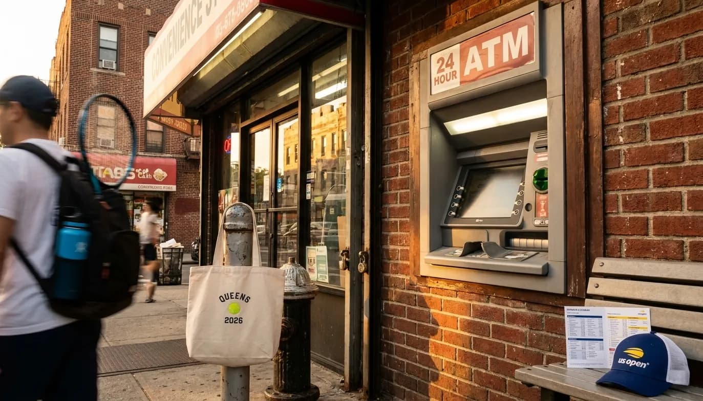 A bright Queens local-life scene connected to Bank ATM Locations: Queens 24-Hour Banking Near US Open Venue.