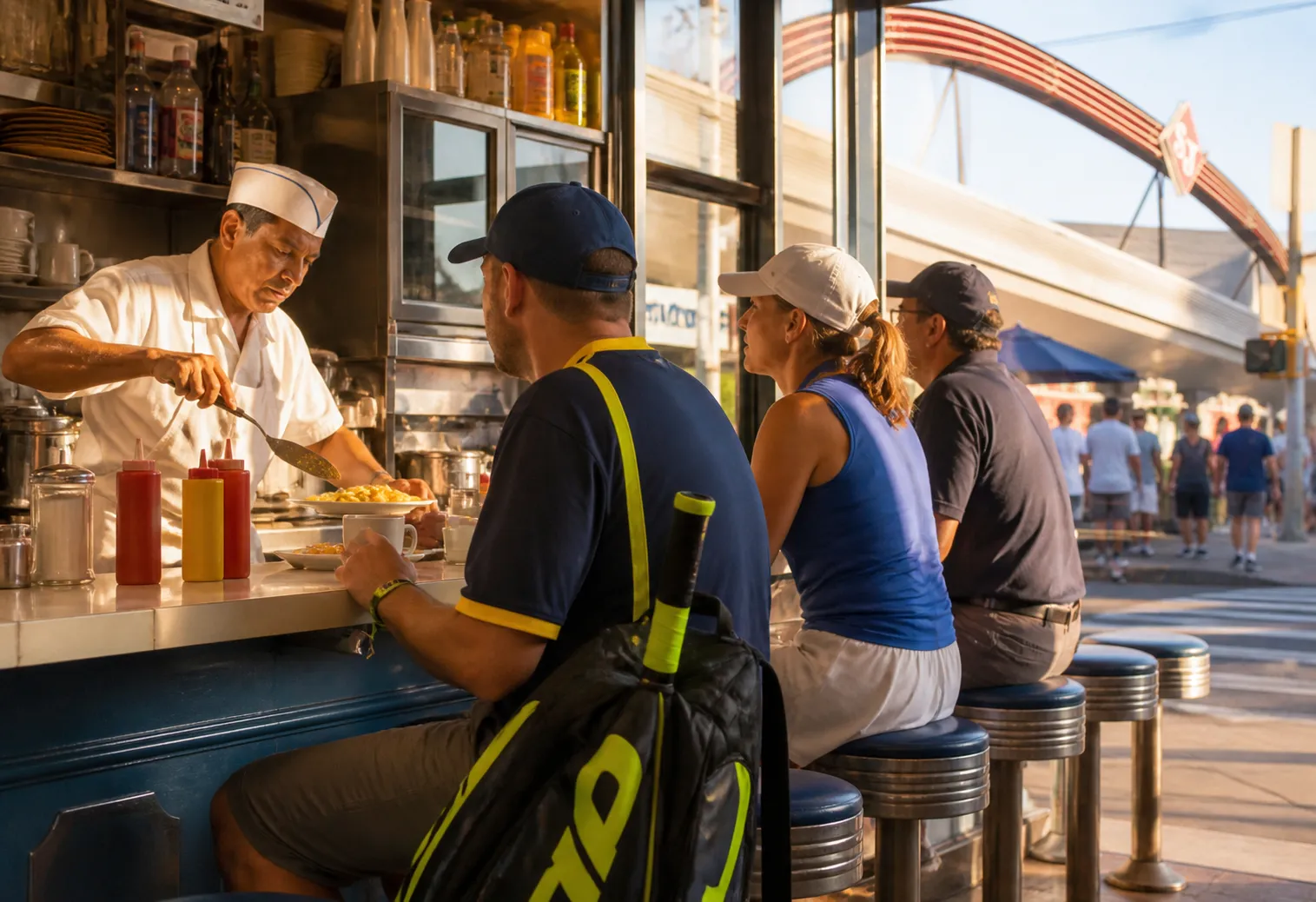 A bright Queens local-life scene connected to Football Games Today Near US Open 2026: Queens Breakfast Counters Before Day Sessions.