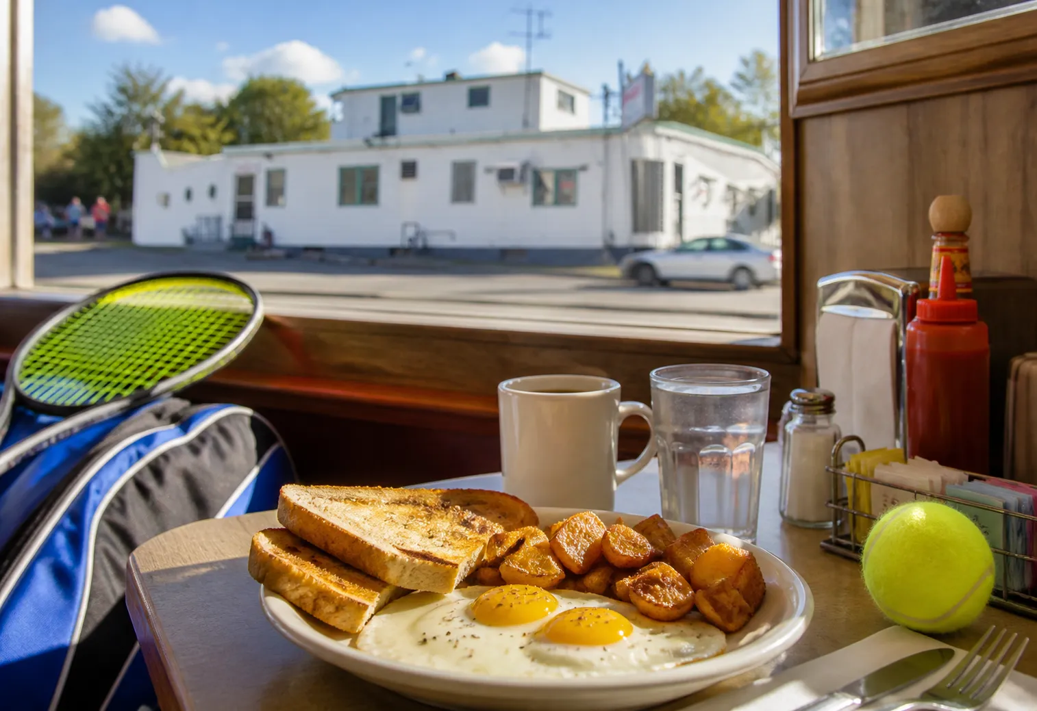 Bright New York local-life cover for Football Games Today Near US Open 2026: Queens Breakfast Counters Before Day Sessions.