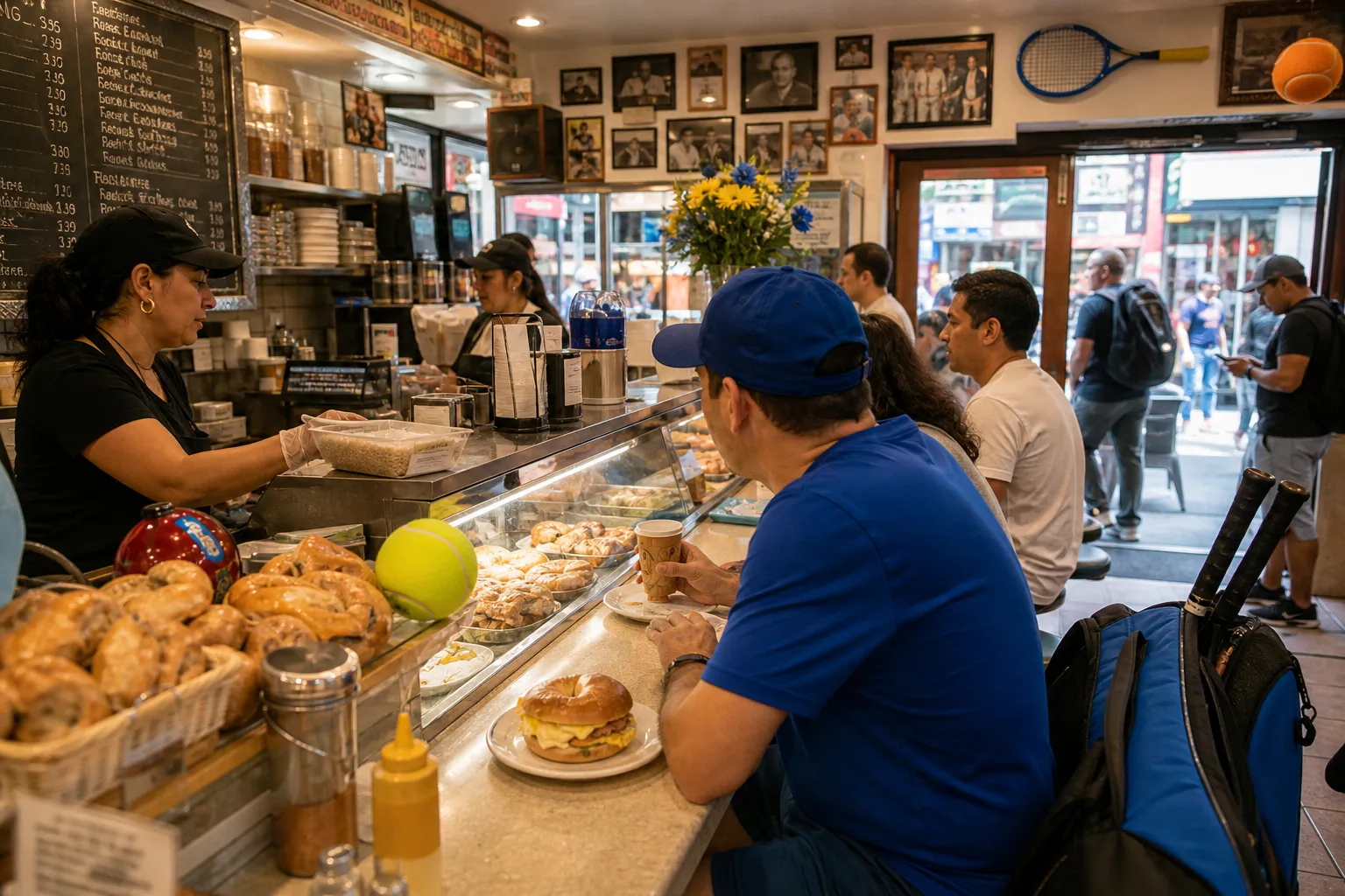 A bright Queens local-life scene connected to Football Games Today Near US Open 2026: Queens Breakfast Counters Before Day Sessions.