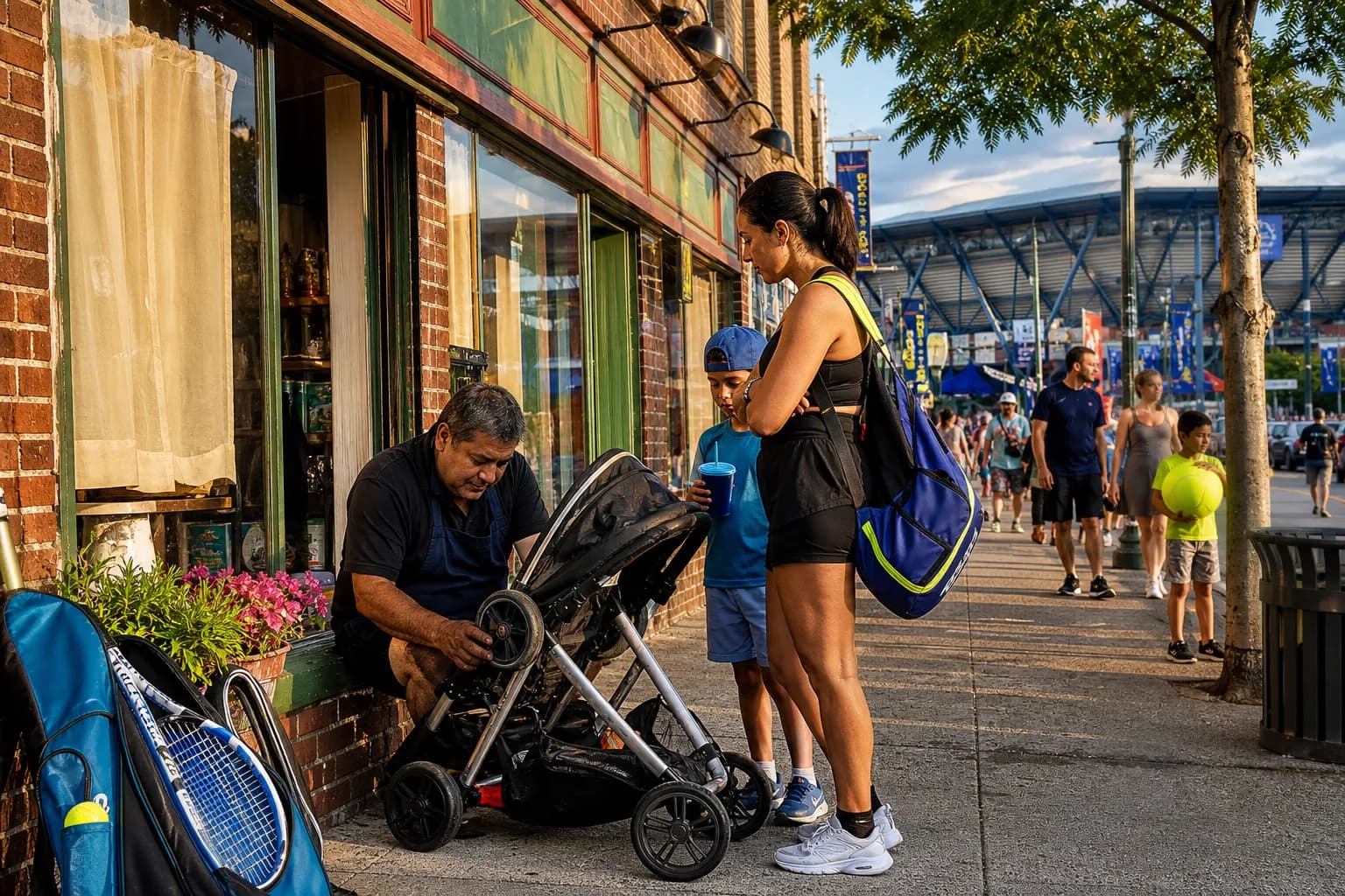 A bright Queens local-life scene connected to Marsha Blackburn Near US Open 2026: Family Stroller Repair Stops Near Flushing Meadows.
