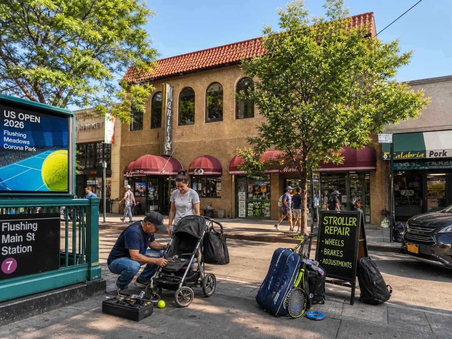 A bright Queens local-life scene connected to Marsha Blackburn Near US Open 2026: Family Stroller Repair Stops Near Flushing Meadows.