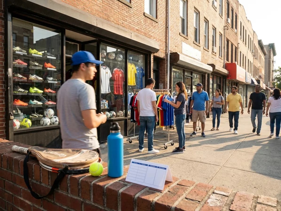 A bright Queens local-life scene connected to Neymar Style Soccer Gear Shops Near 2026 US Open.