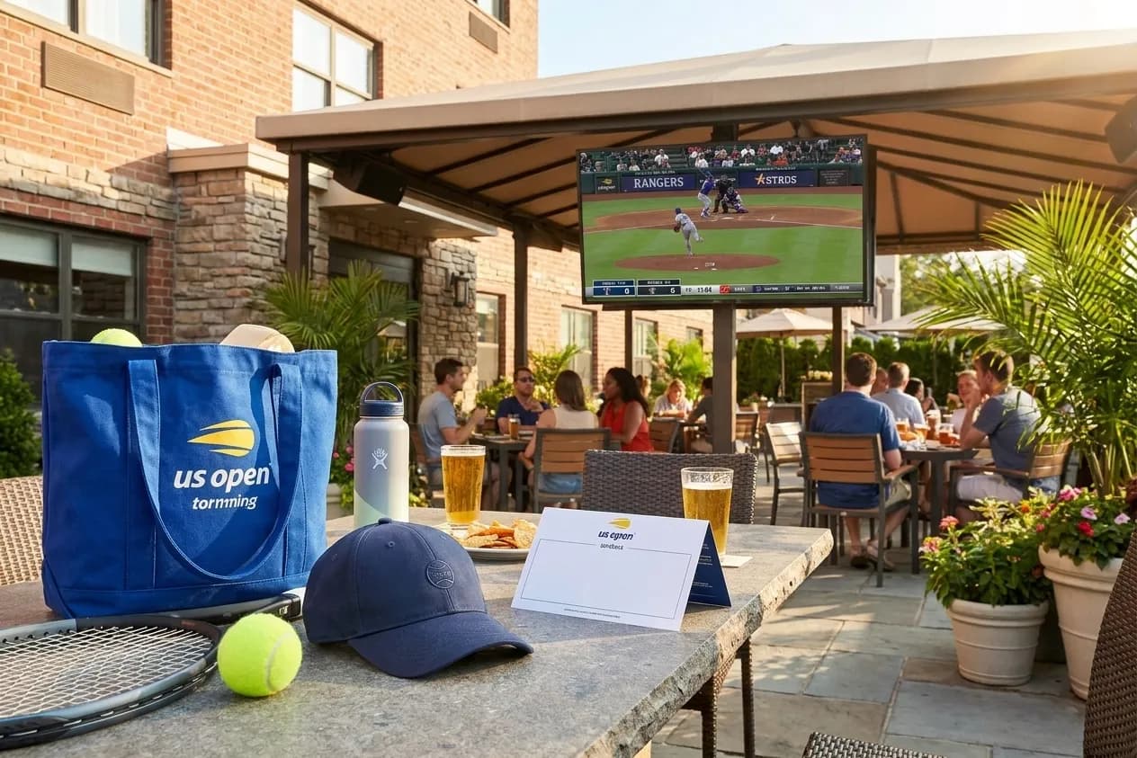 Bright New York local-life cover for Rangers vs Astros Streaming: NYC Hotel Lounges During US Open.