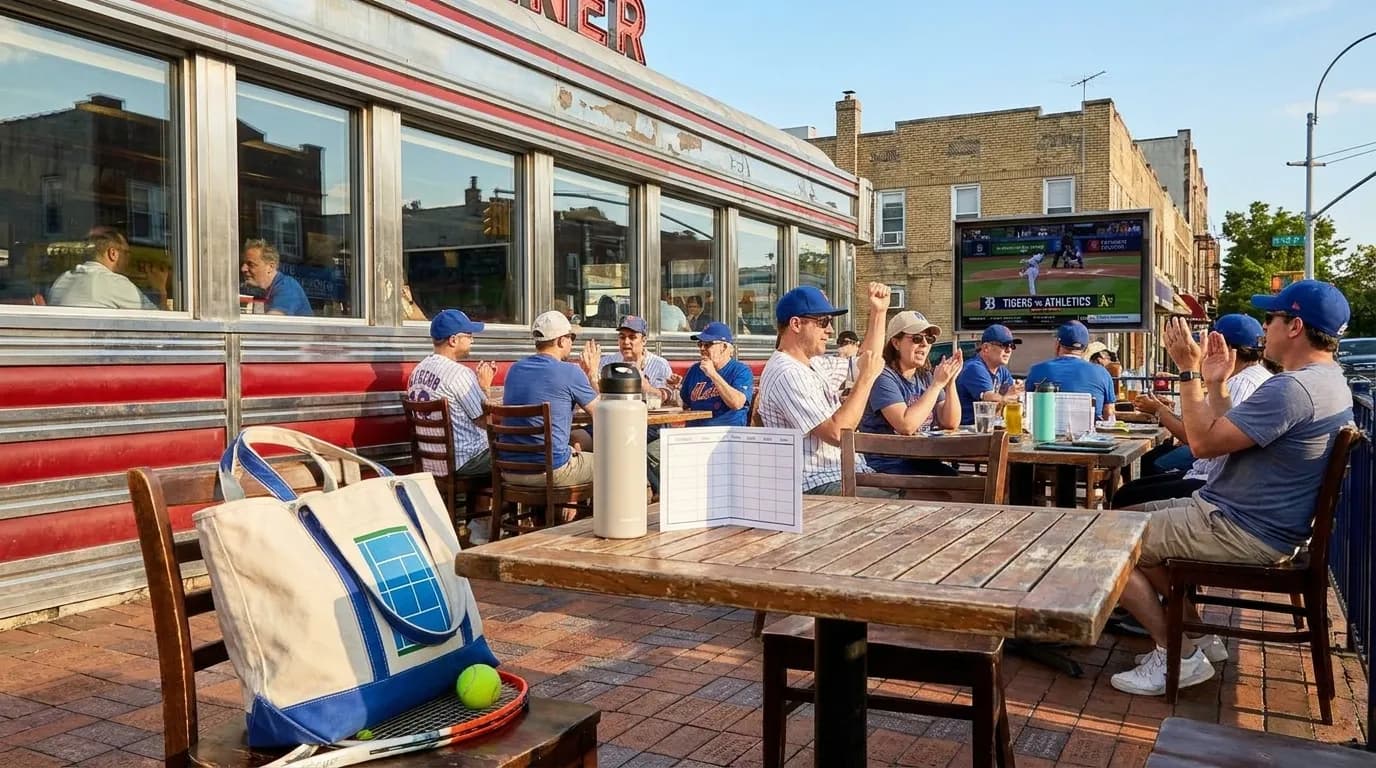 Bright New York local-life cover for Tigers vs Athletics Watch Parties: Queens Diners Near 2026 Open.