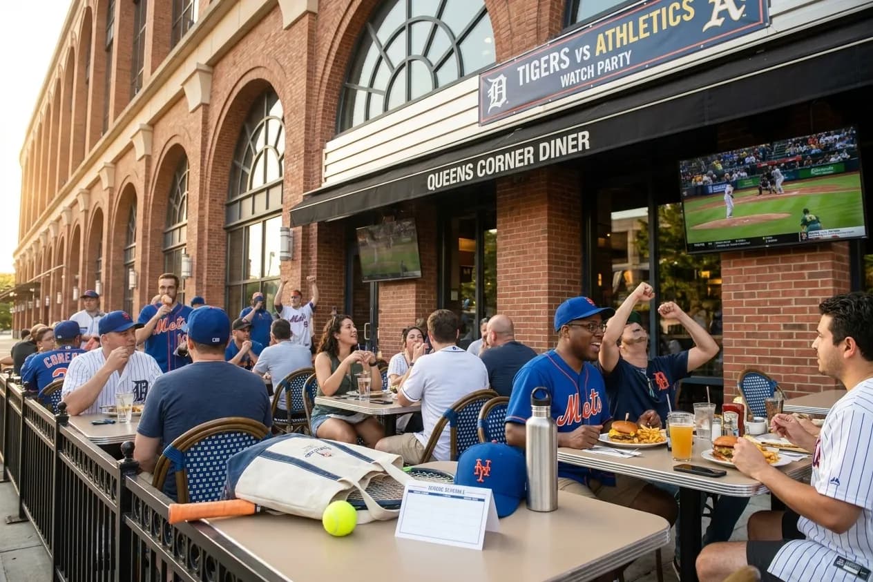 A bright Queens local-life scene connected to Tigers vs Athletics Watch Parties: Queens Diners Near 2026 Open.