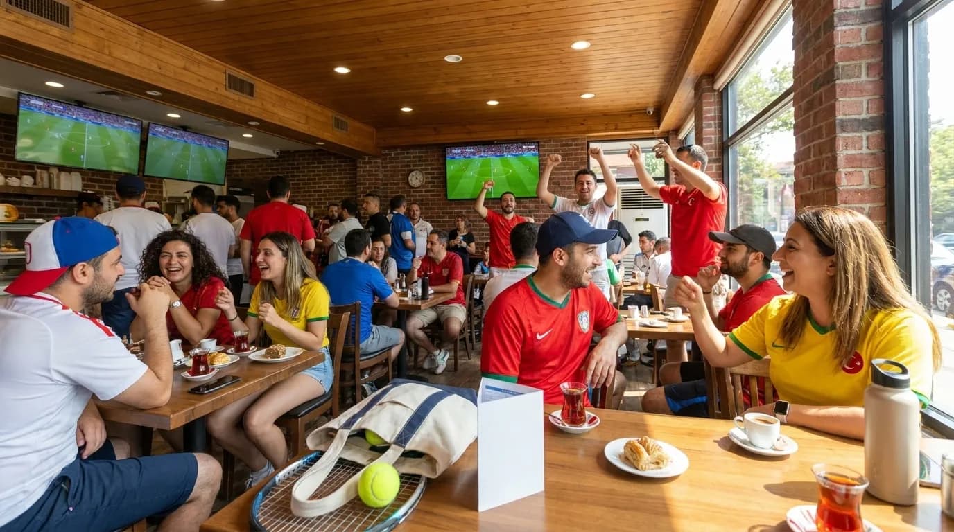 Bright New York local-life cover for Trabzonspor Turkish Coffee Houses Near 2026 US Open Flushing.