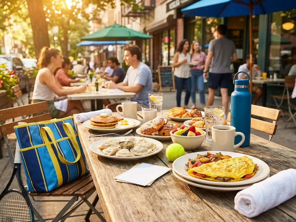 Bright realistic US Open 2026 local-life cover for Chelsea Juventus Brunch Bars During US Open 2026.