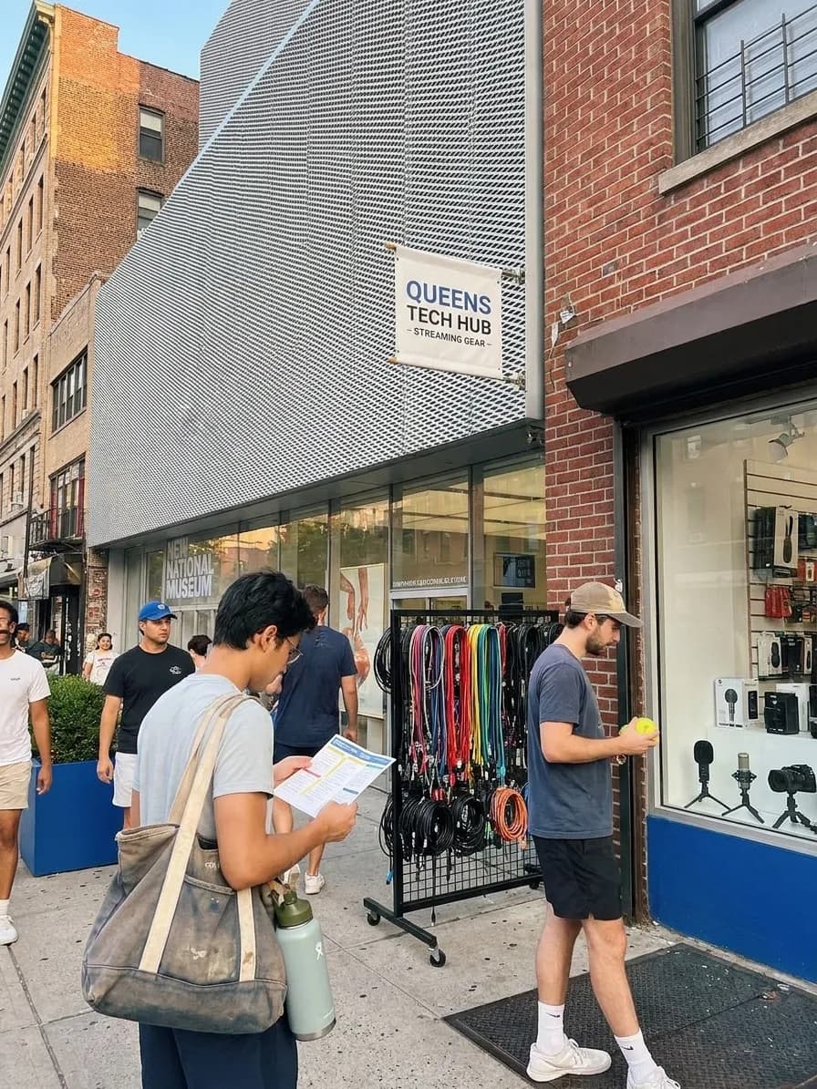 A bright Queens local-life scene connected to Hasan Piker Streaming Setup: Queens Electronics Stores Near US Open.