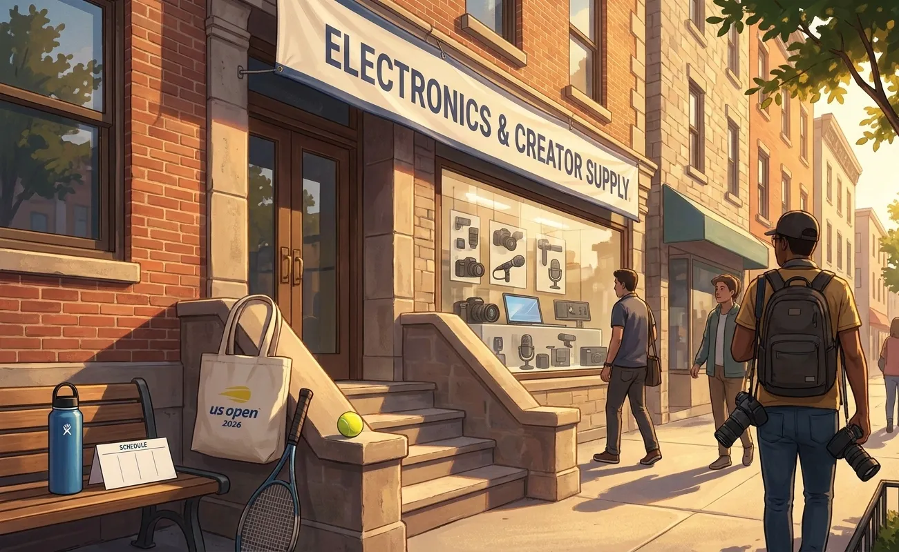 Bright New York local-life cover for Hasan Piker Streaming Setup: Queens Electronics Stores Near US Open.