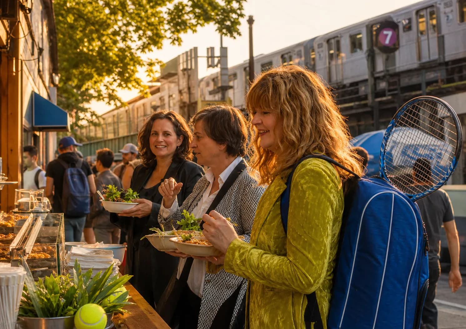 A bright Queens local-life scene connected to Hilary Duff Near US Open 2026: Vegetarian Food Halls Near The 7 Train.