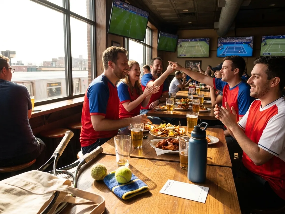 Bright realistic US Open 2026 local-life cover for PSG Man United Soccer Pubs Around US Open 2026.