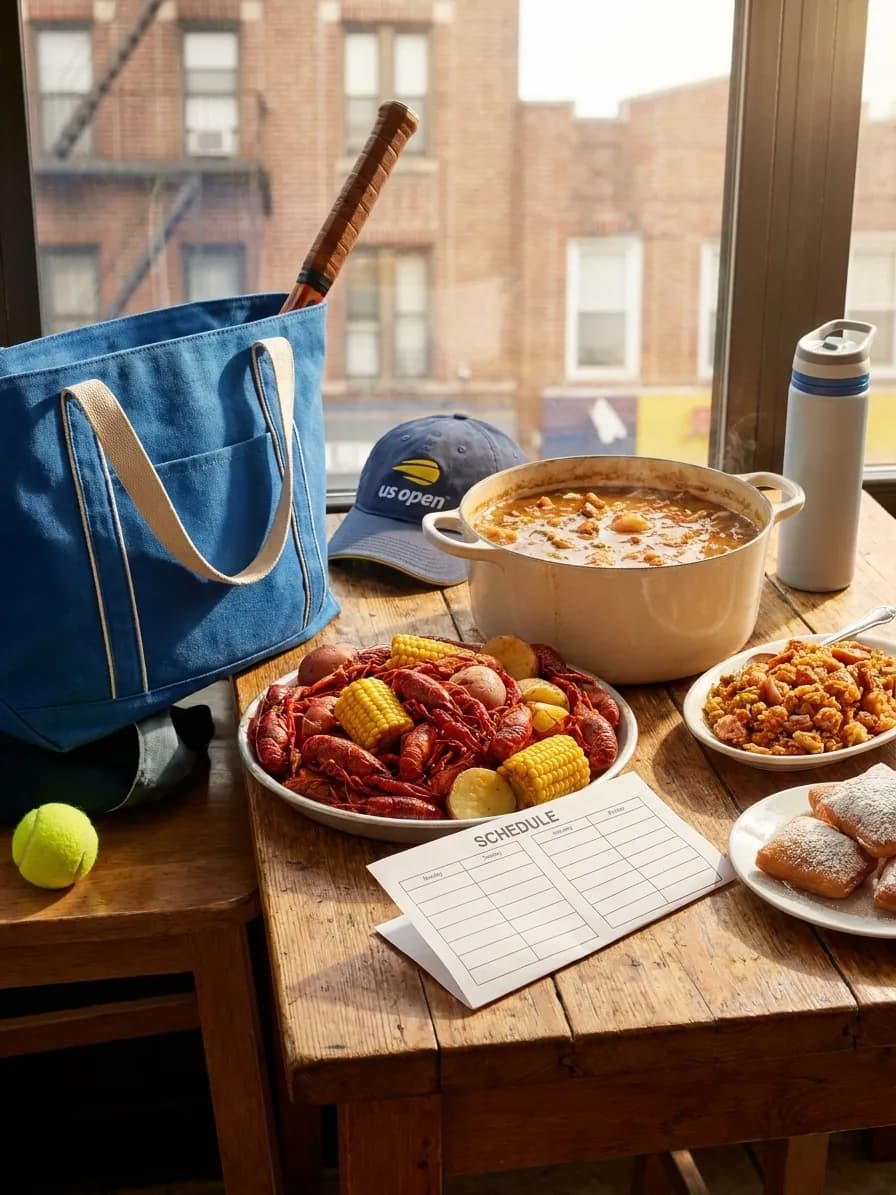 Bright New York local-life cover for Louisiana Creole Cuisine: Queens Cajun Restaurants Near 2026 US Open.