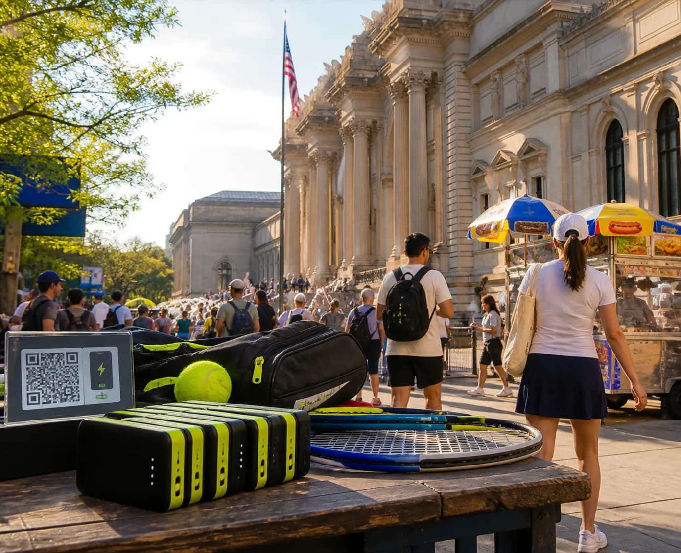 A bright Queens local-life scene connected to Timbers - Puebla Near US Open 2026: Portable Battery Rentals For Long Stadium Days.