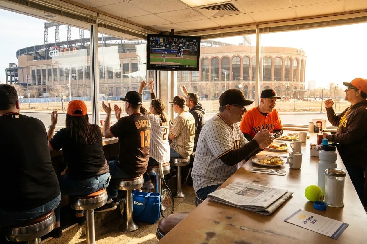 Bright New York local-life cover for Giants vs Padres Fans: NYC West Coast Breakfast Spots Open.