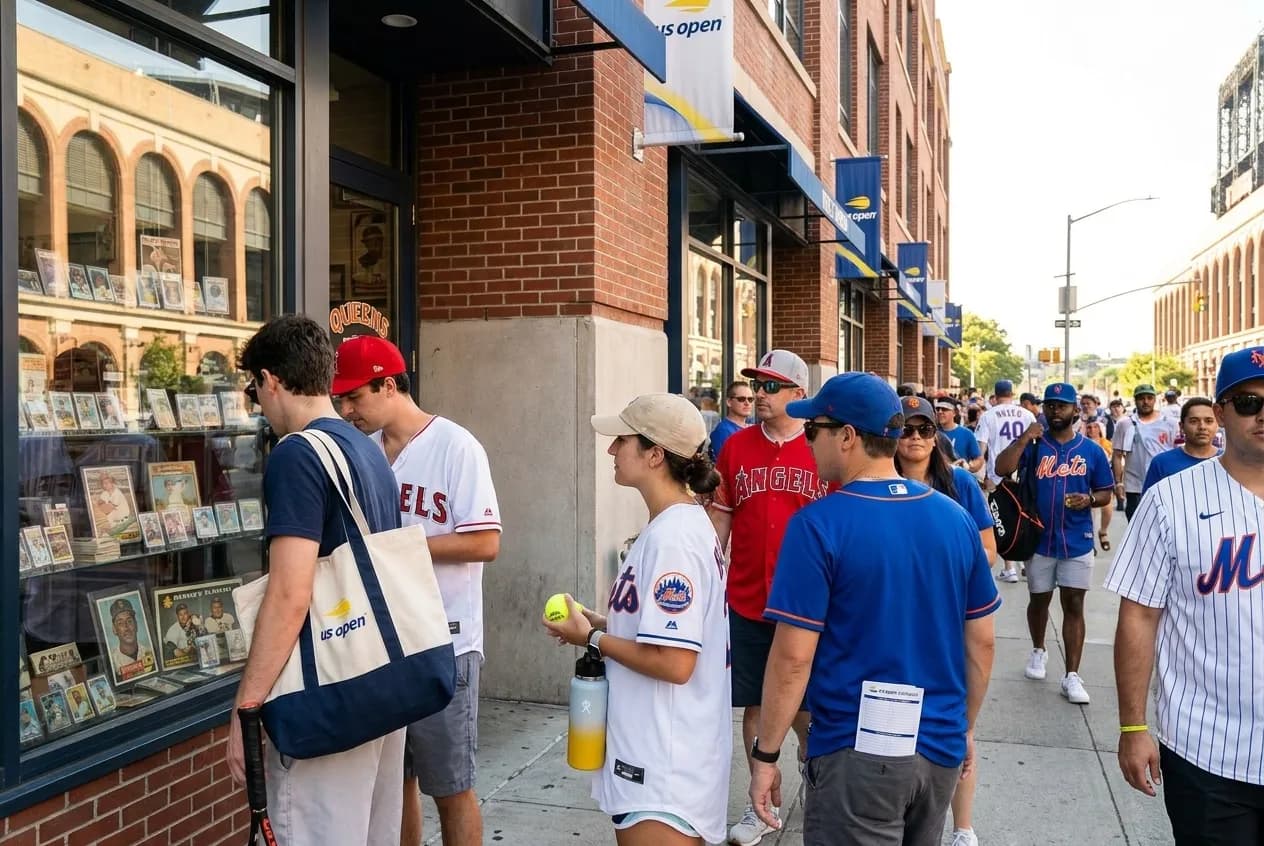 Bright New York local-life cover for Reid Detmers Angels Fans: NYC Baseball Card Shops US Open.