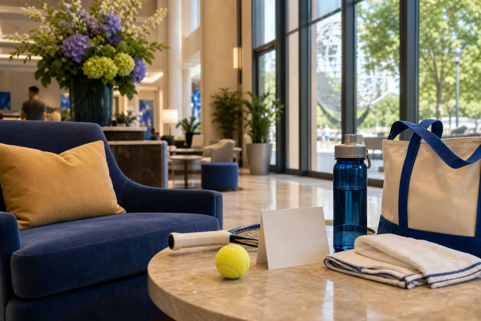 Bright Queens local-life detail for Julie Andrews Map For US Open 2026 Hotel Lobby Break Courtside.