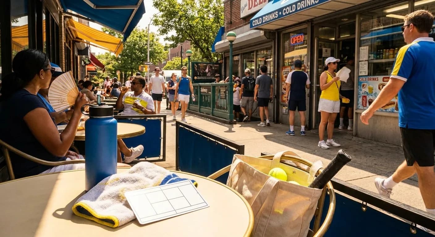 Bright Queens local-life detail for Heat Advisory Cooling Stops Near US Open 2026 Courts.