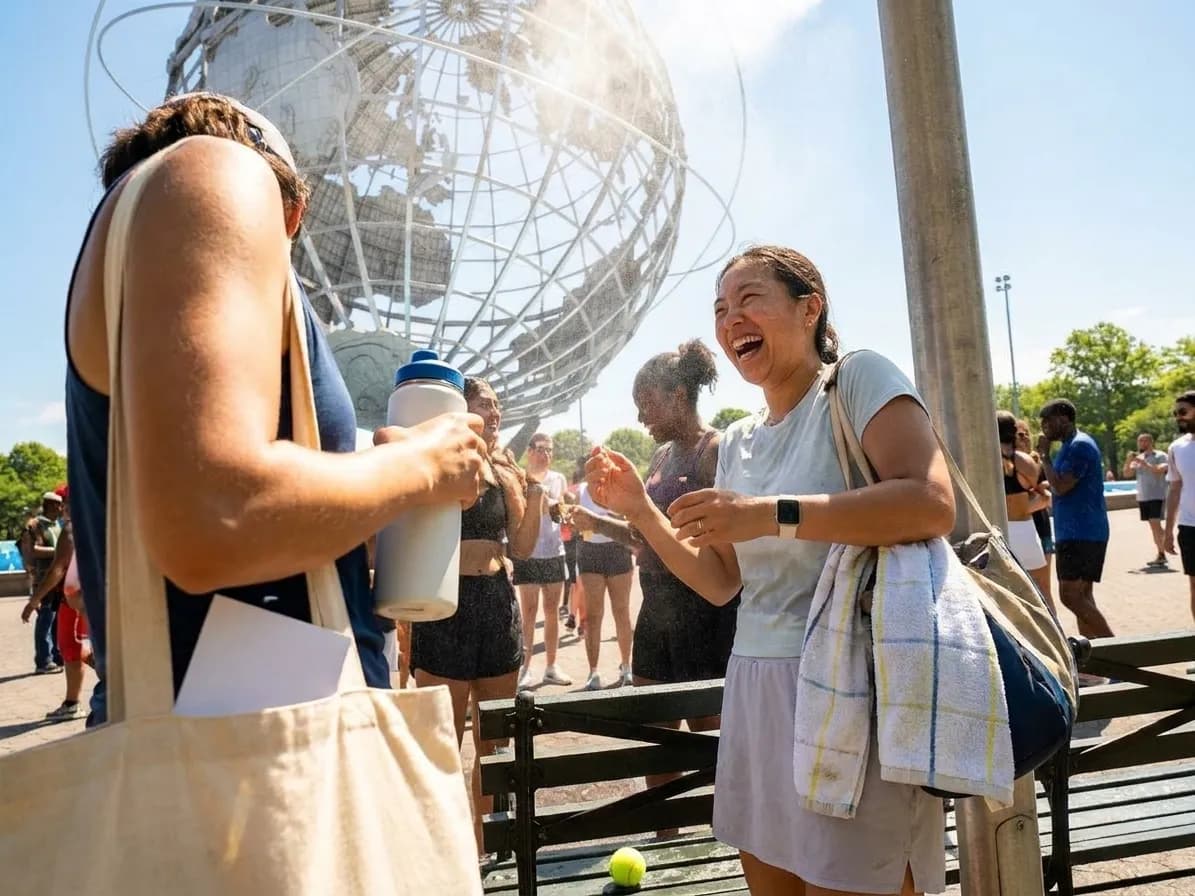 Bright Queens local-life detail for Heat Advisory Cooling Stops Near US Open 2026 Courts.