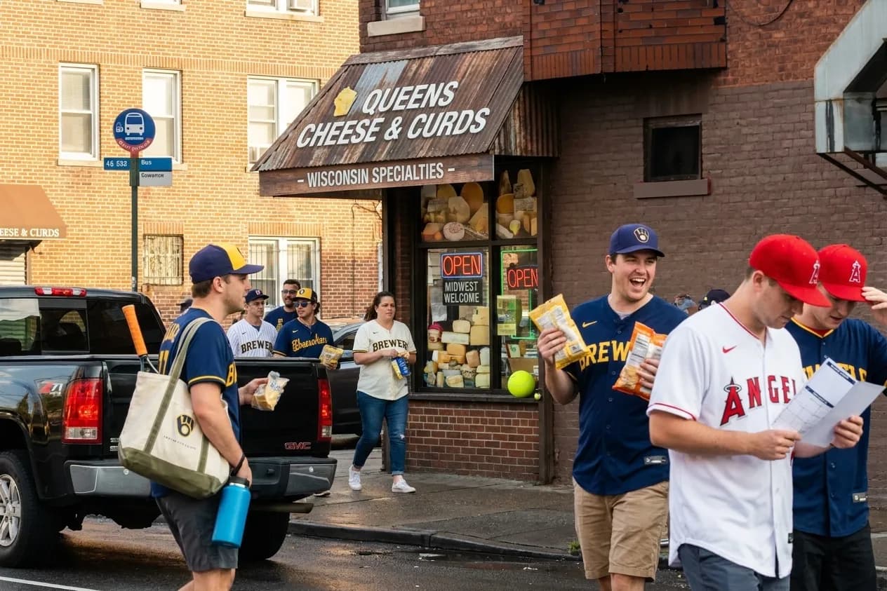 Bright New York local-life cover for Brewers vs Angels Game Day: NYC Cheese Shops Near Open.