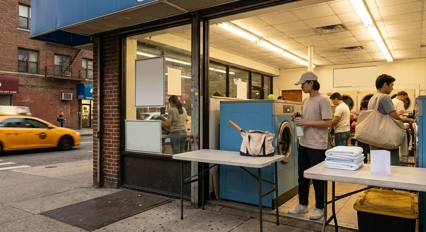 Bright New York local-life cover for Javier Assad Cubs Fans Laundromat Routes Near US Open.