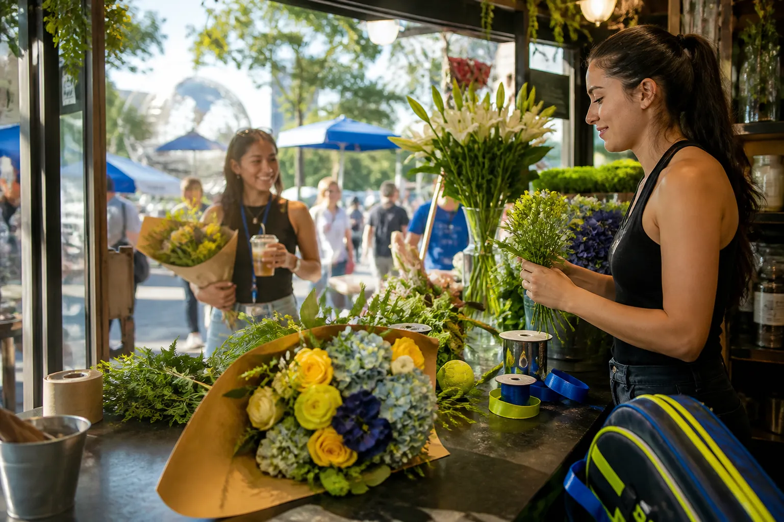 A bright Queens local-life scene connected to Larry Fitzgerald Near US Open 2026: Local Florist Stops For Tournament Celebration Bouquets.