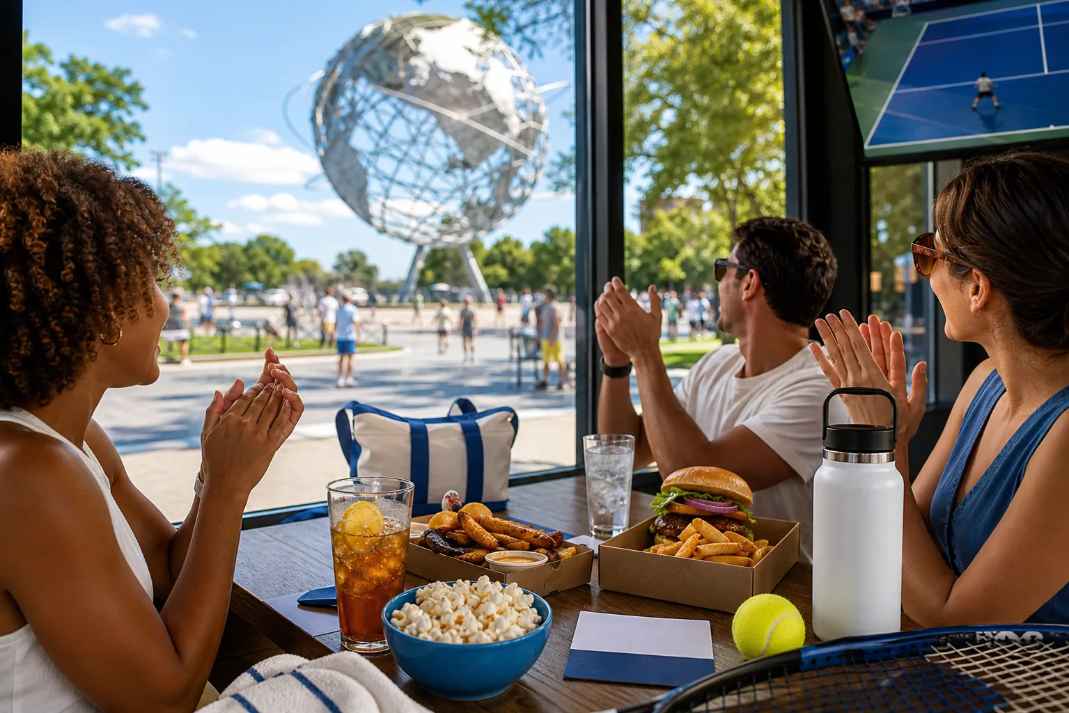 Bright realistic US Open 2026 local-life cover for 7 Brew App Map For US Open 2026 Stadium Snack Plan Heat Wave.
