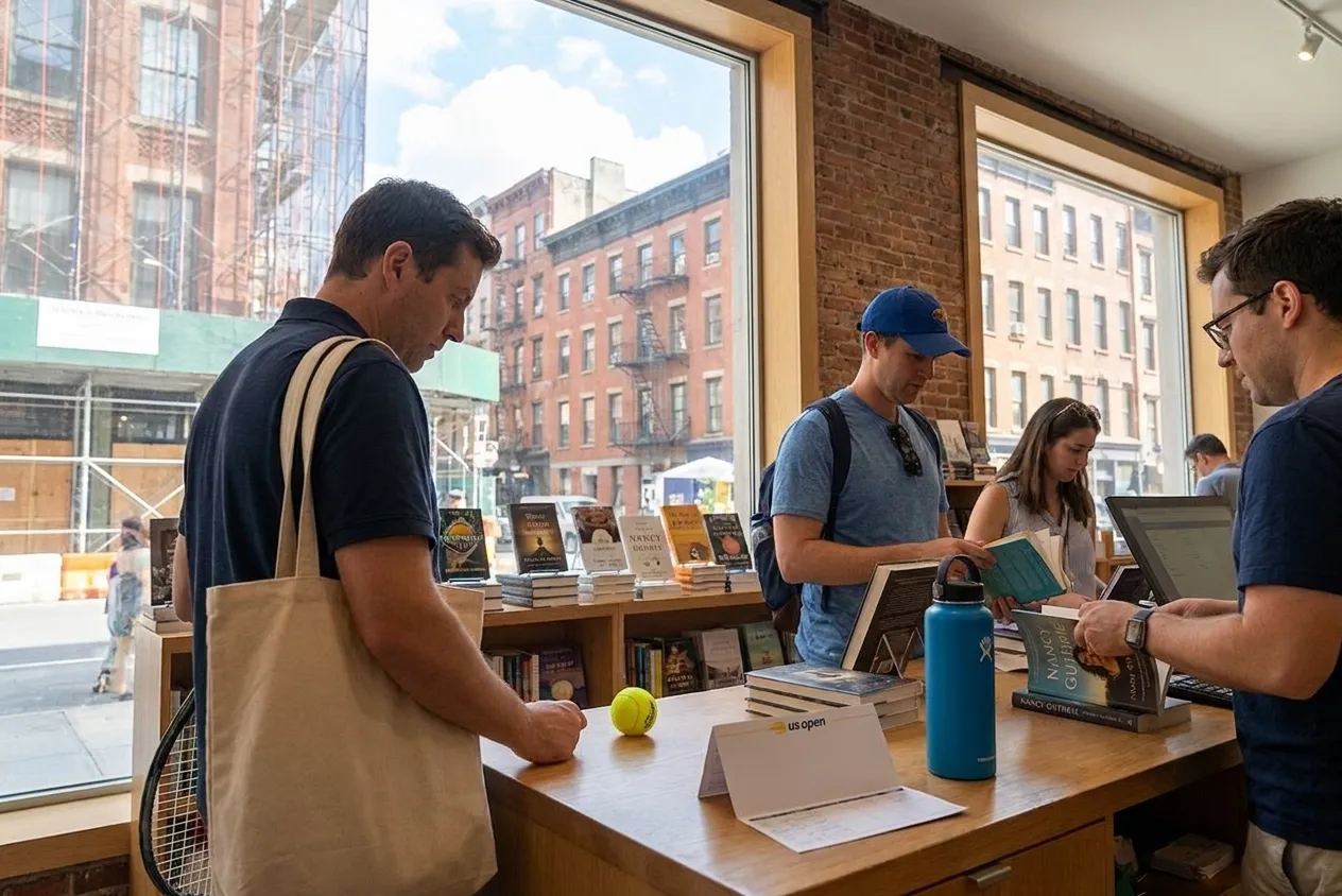 Bright New York local-life cover for Nancy Guthrie Theology Books: NYC Religious Bookstores Near US Open.