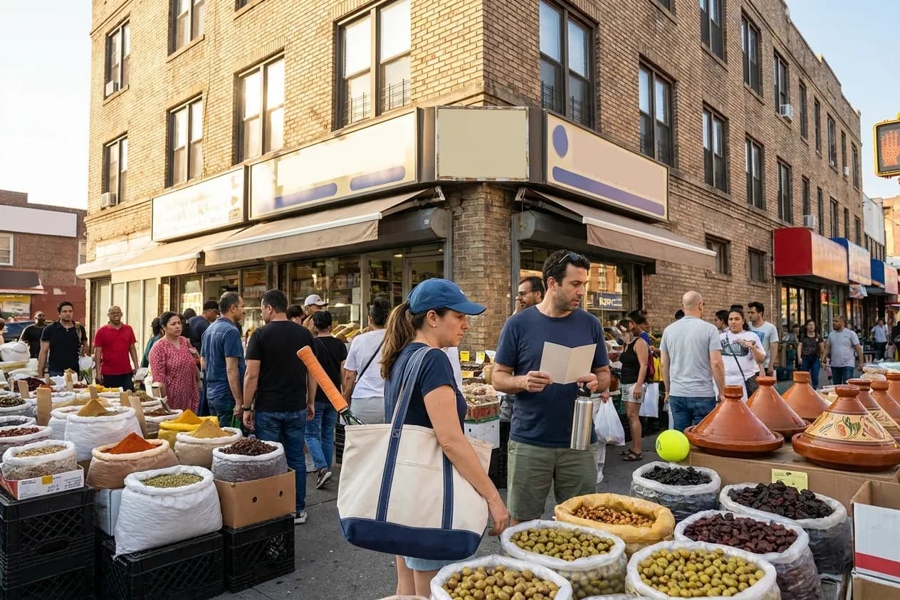 A bright Queens local-life scene connected to Ceuta Spanish Moroccan Markets Near 2026 US Open Flushing.