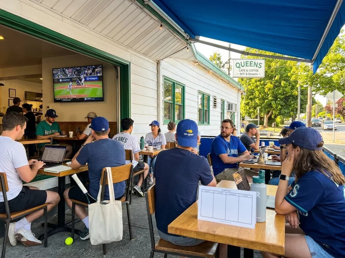 Bright New York local-life cover for Mariners vs Dodgers Streaming: Queens Coffee Shops During US Open.