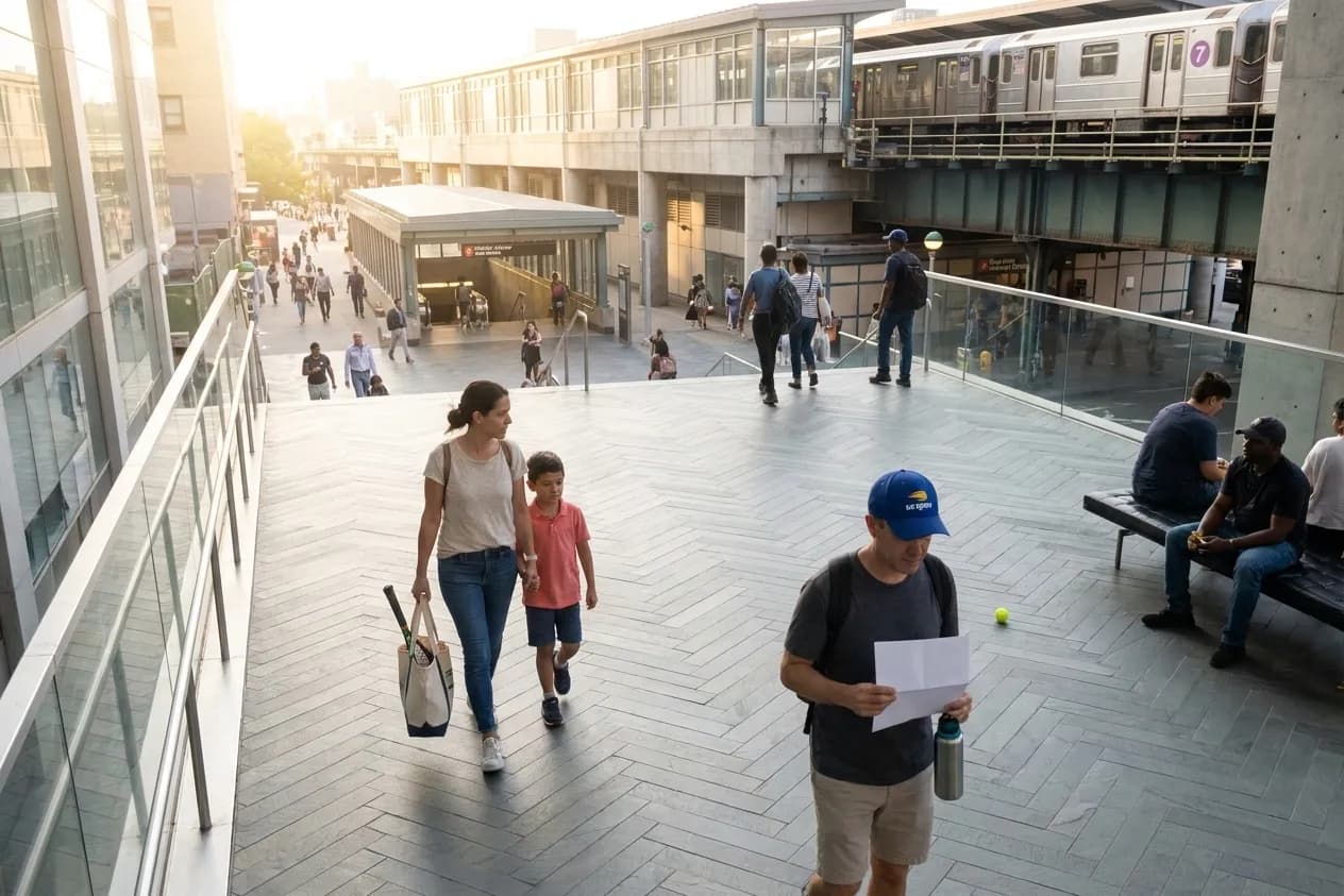 A bright Queens local-life scene connected to Marlins vs Mets Crosstown: Queens Subway Routes to US Open.