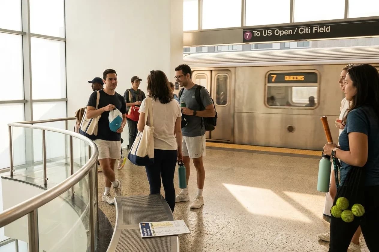 Bright New York local-life cover for Marlins vs Mets Crosstown: Queens Subway Routes to US Open.