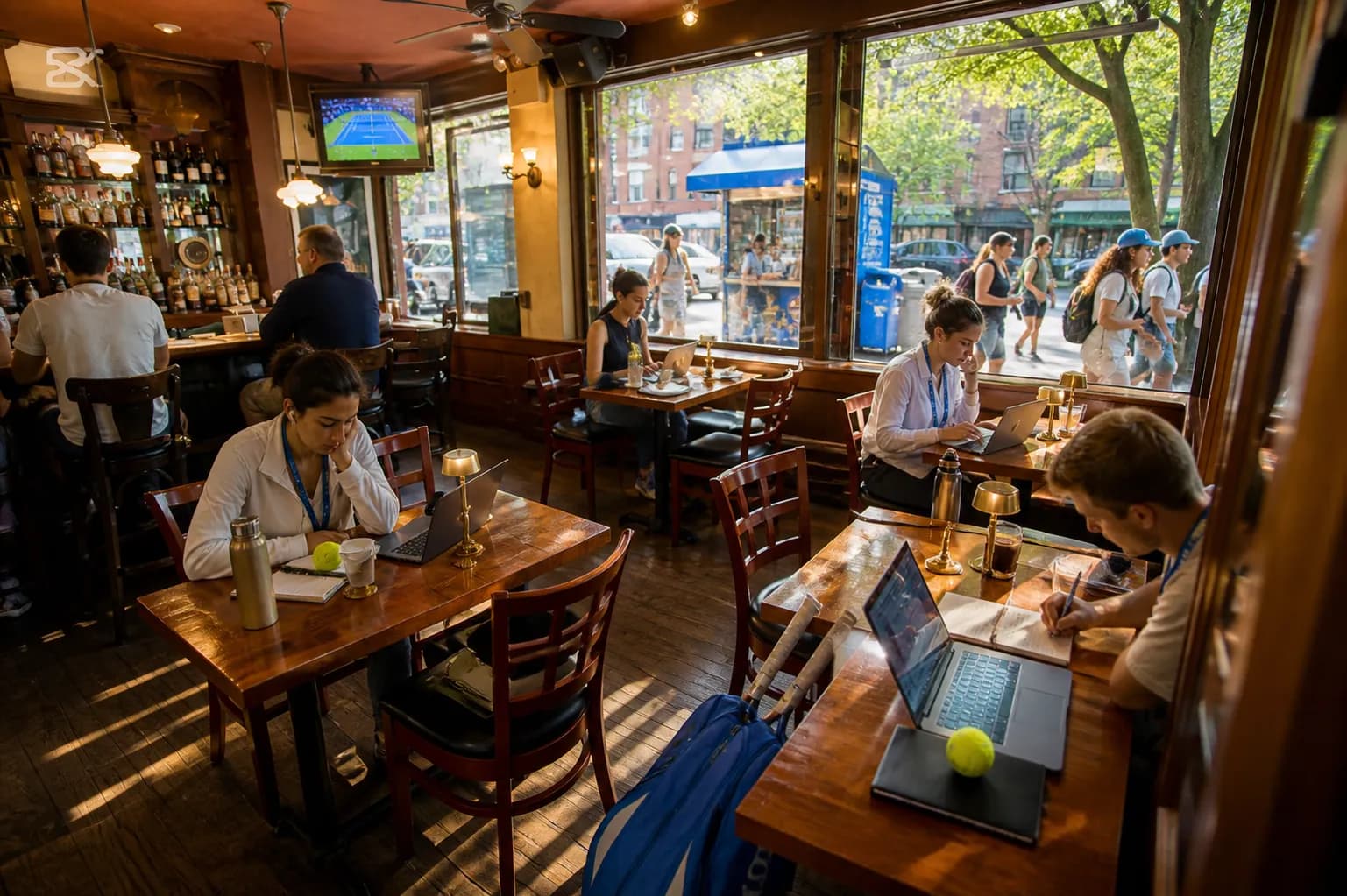 Bright New York local-life cover for Monica Barbaro Near US Open 2026: Quiet Library Work Tables Between Matches.
