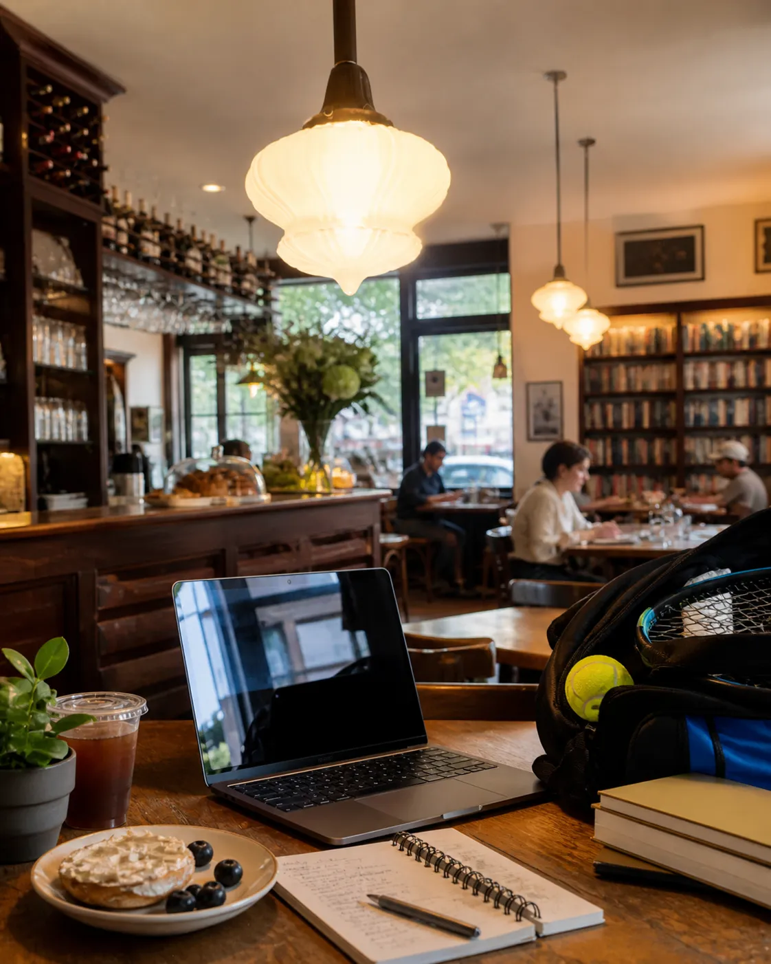 A bright Queens local-life scene connected to Monica Barbaro Near US Open 2026: Quiet Library Work Tables Between Matches.