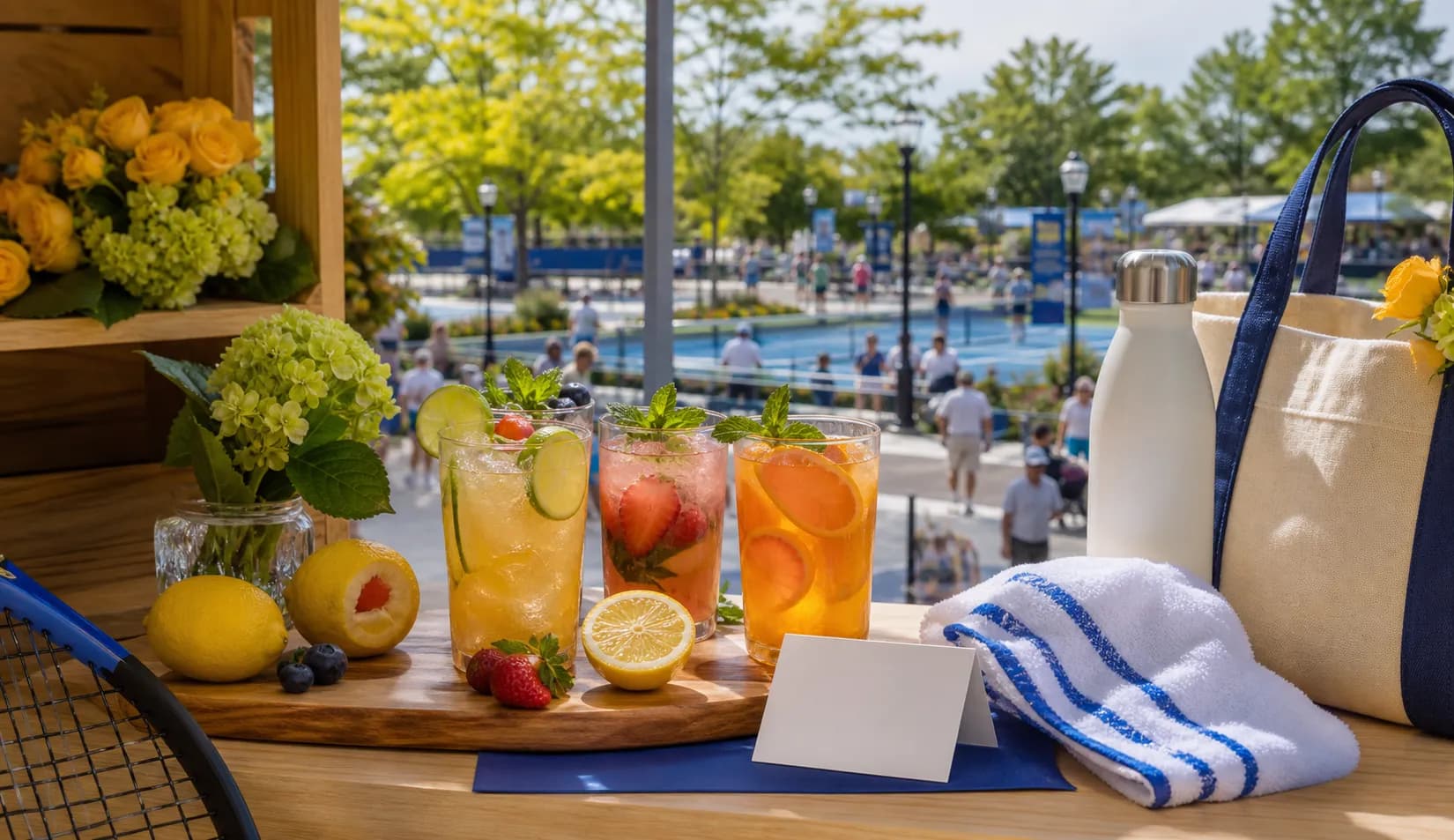 Bright realistic US Open 2026 local-life cover for Farmers Almanac Winter Weather Plan For US Open 2026 Mocktail Table Qualifying Week.
