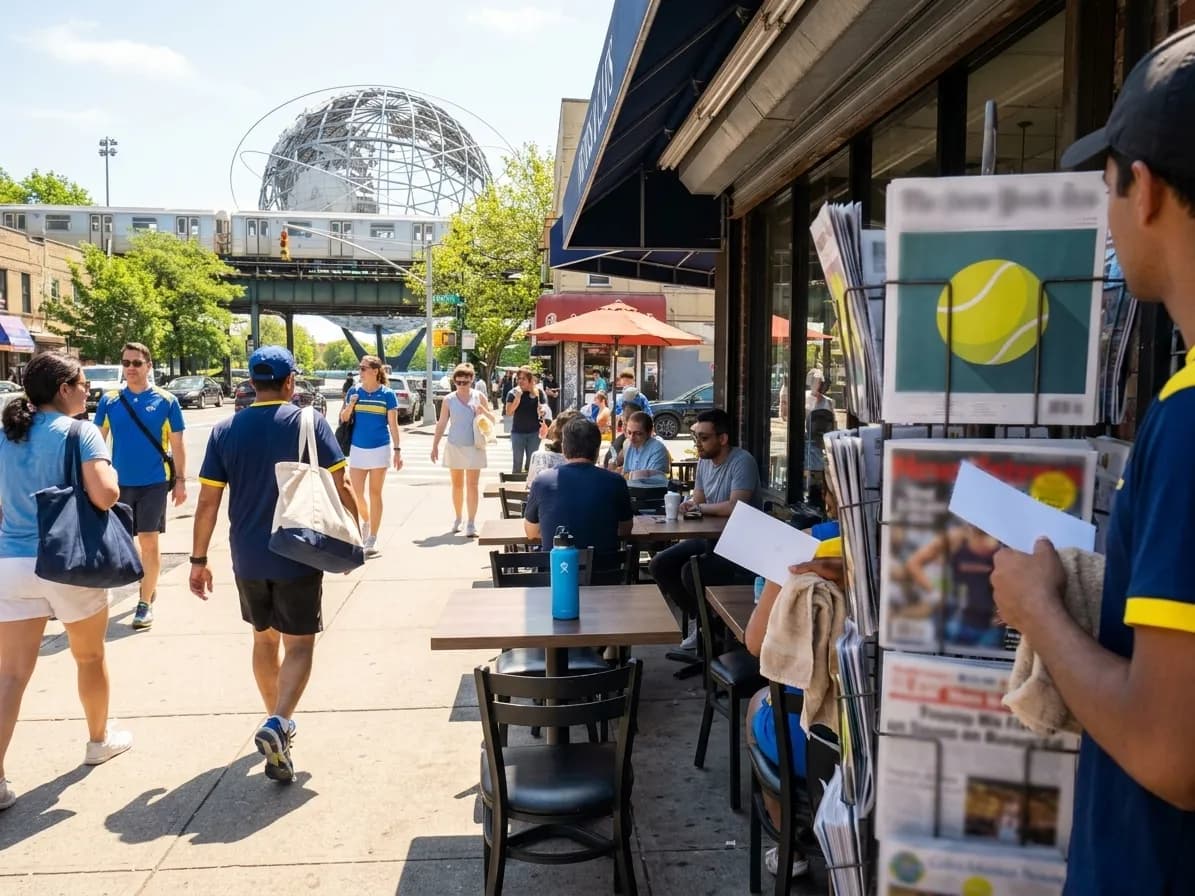 Bright realistic US Open 2026 local-life cover for Air Force One Newsstand Route During US Open 2026.