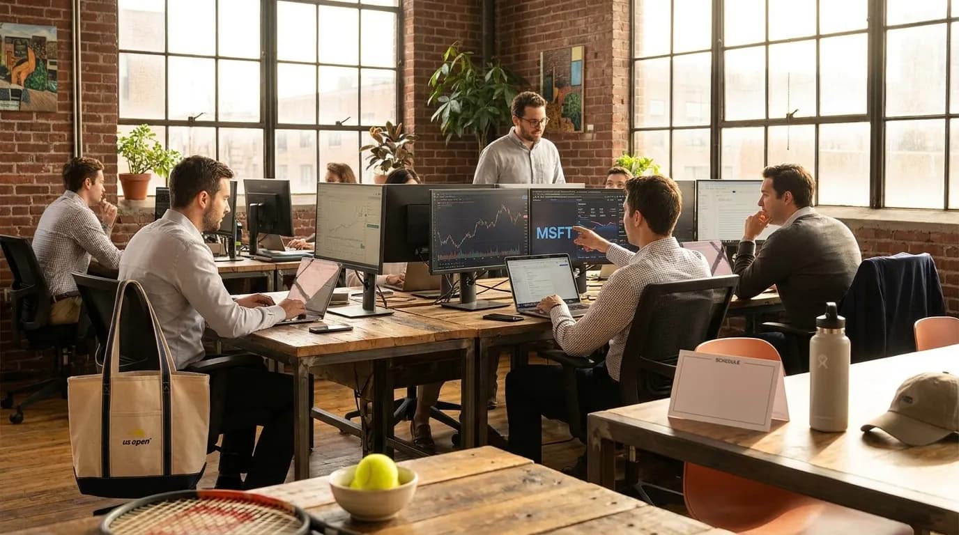 Bright New York local-life cover for MSFT Stock Trading: Queens Coworking Spaces Near US Open Venue.