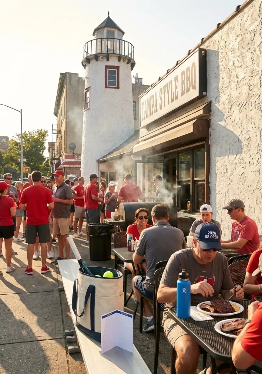 A bright Queens local-life scene connected to Mike Evans Buccaneers Fans: NYC Tampa Style BBQ Near US Open.