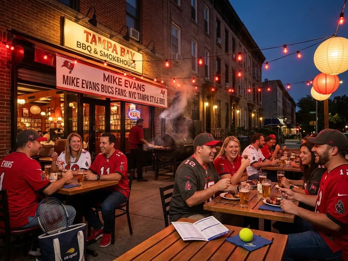 Bright New York local-life cover for Mike Evans Buccaneers Fans: NYC Tampa Style BBQ Near US Open.