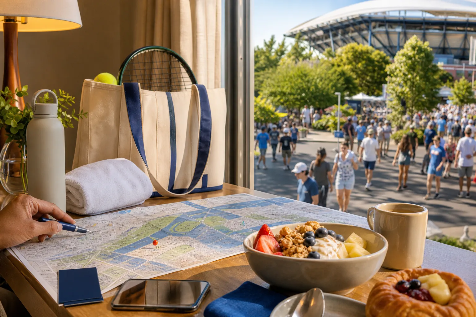 Bright realistic US Open 2026 local-life cover for Severe Thunderstorm Warning Stops During US Open 2026 Brunch Stop Flushing Meadows.