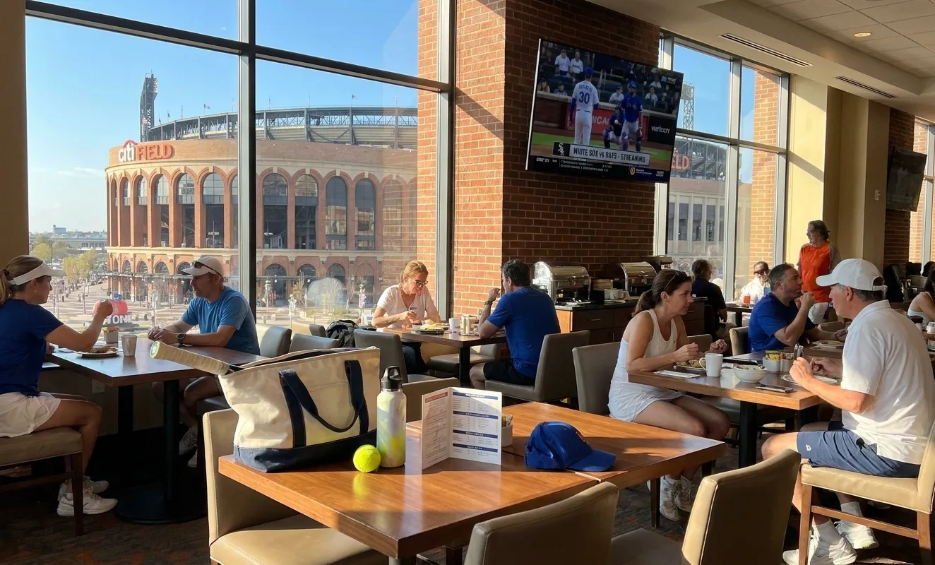 A bright Queens local-life scene connected to White Sox vs Rays Streaming: Queens Hotel Breakfast Lounges US Open.