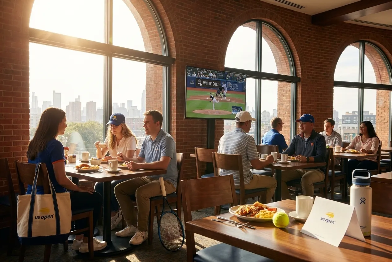 A bright Queens local-life scene connected to White Sox vs Rays Streaming: Queens Hotel Breakfast Lounges US Open.