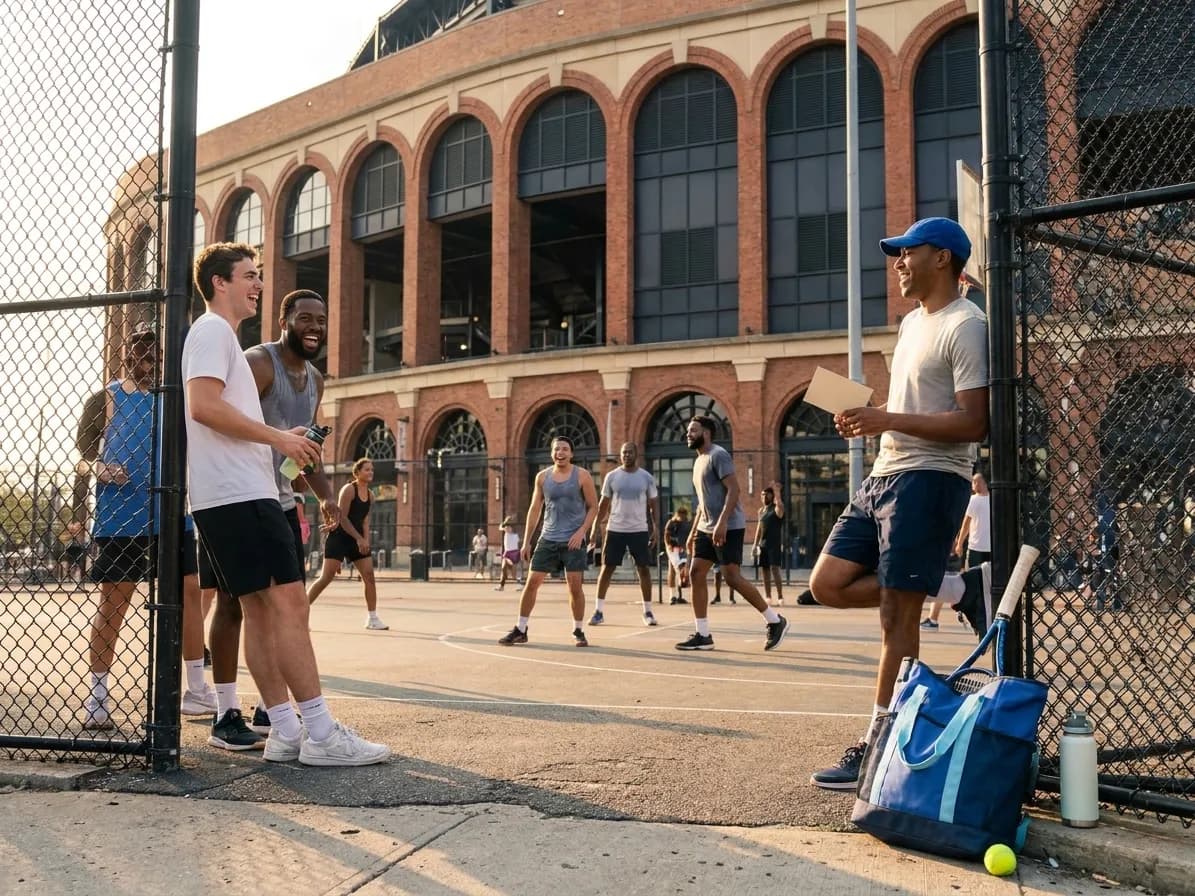 Bright New York local-life cover for Aces vs Dream Outdoor Hoops Near 2026 US Open.