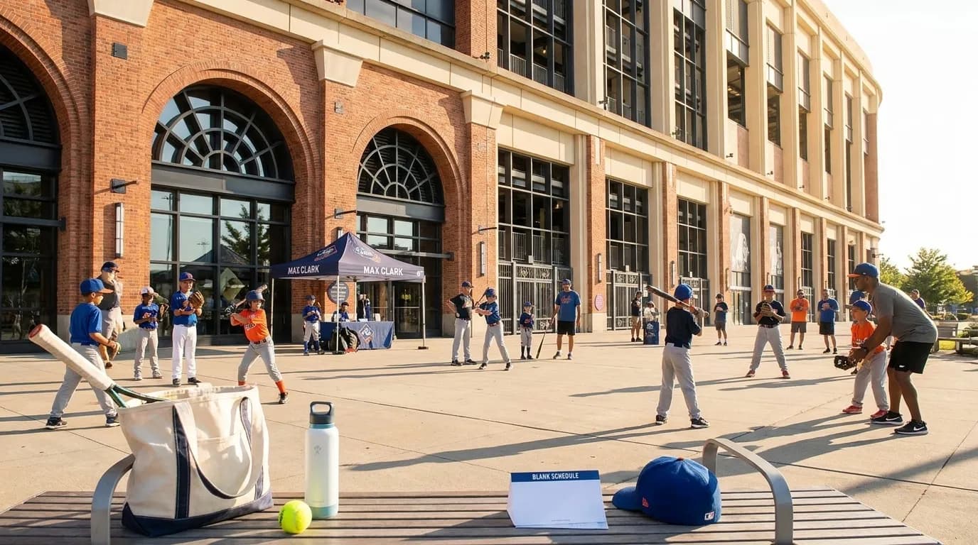 Bright New York local-life cover for Max Clark Tigers Prospect: Queens Youth Baseball Clinics US Open.