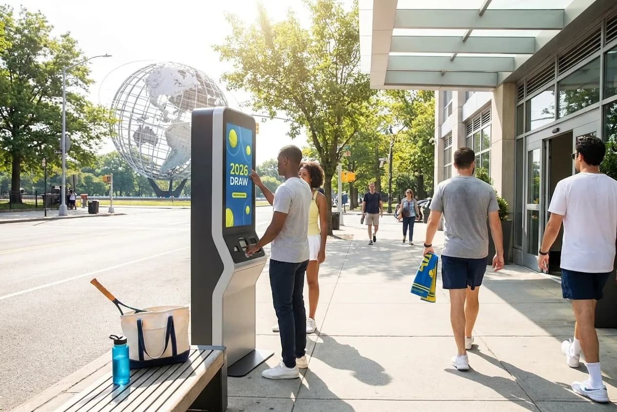 Bright Queens local-life detail for New York Lottery Kiosks Around US Open 2026 Hotels.