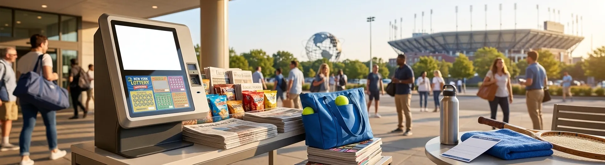 Bright realistic US Open 2026 local-life cover for New York Lottery Kiosks Around US Open 2026 Hotels.