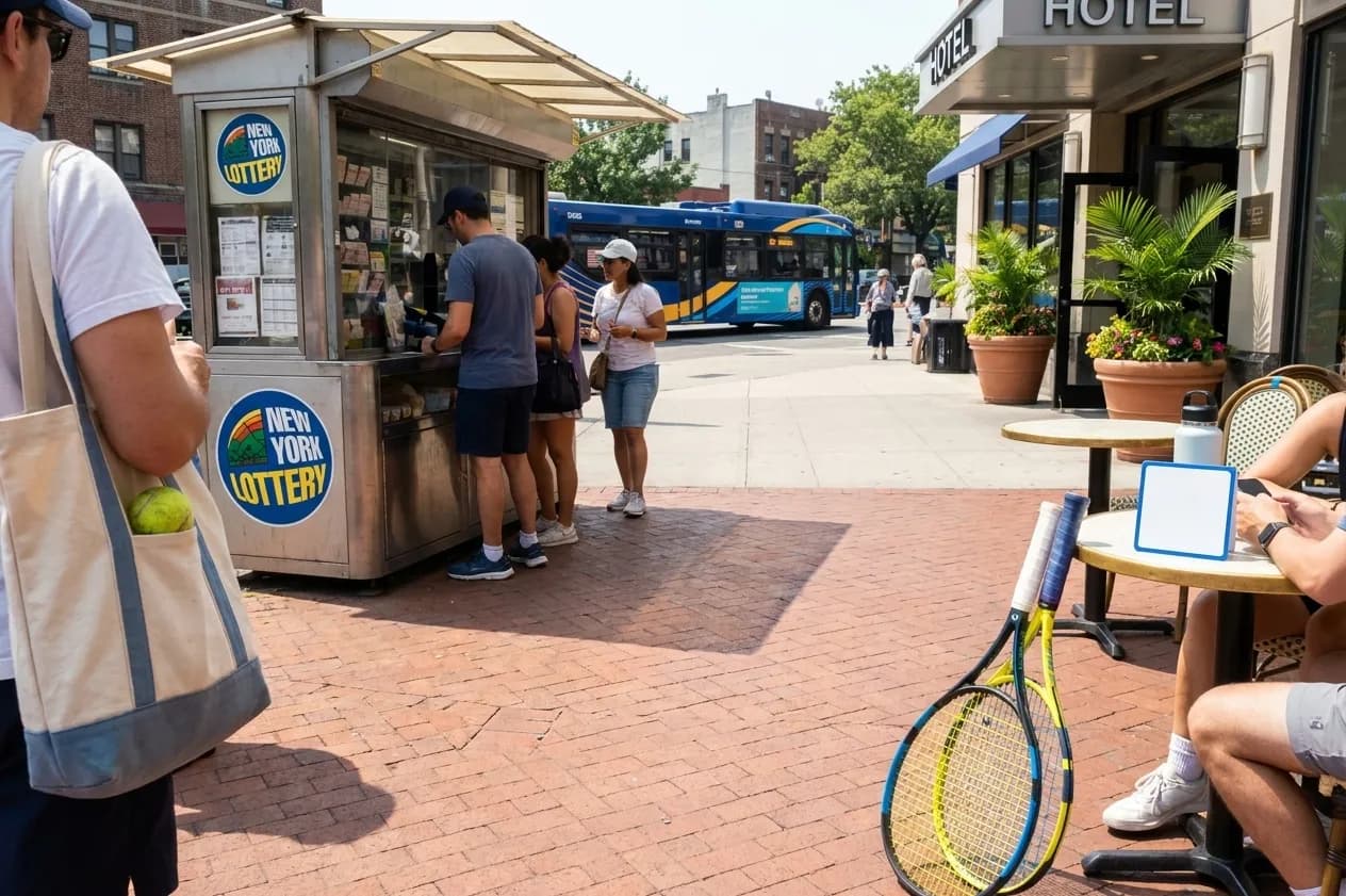 Bright Queens local-life detail for New York Lottery Kiosks Around US Open 2026 Hotels.